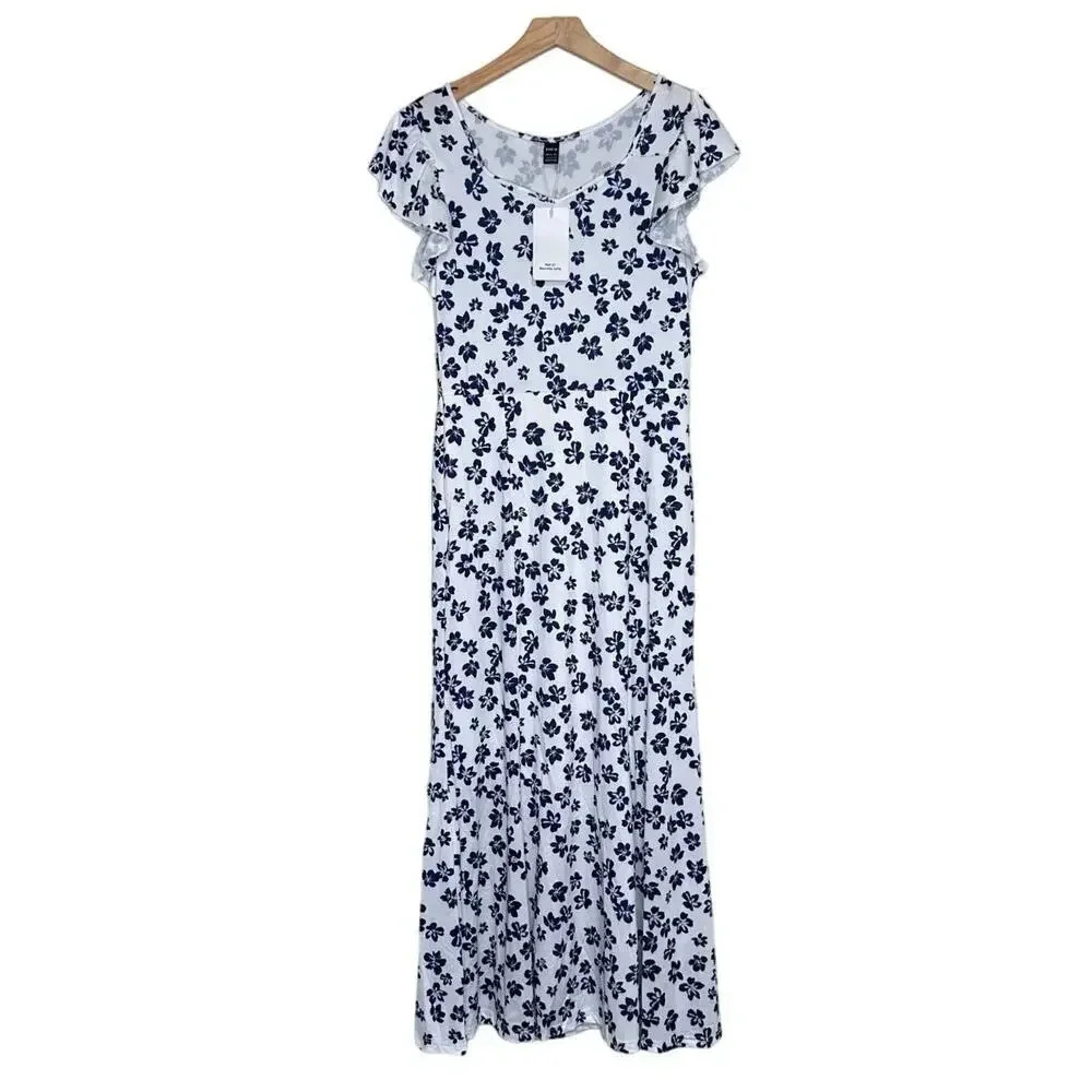 SHEIN Maxi Dress XL White Navy Blue Floral Flutter Sleeve Scoop Neck